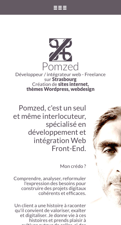 Page d'accueil du site www.pomzed.fr, 2e vue ; version mobile, en Responsive Web Design