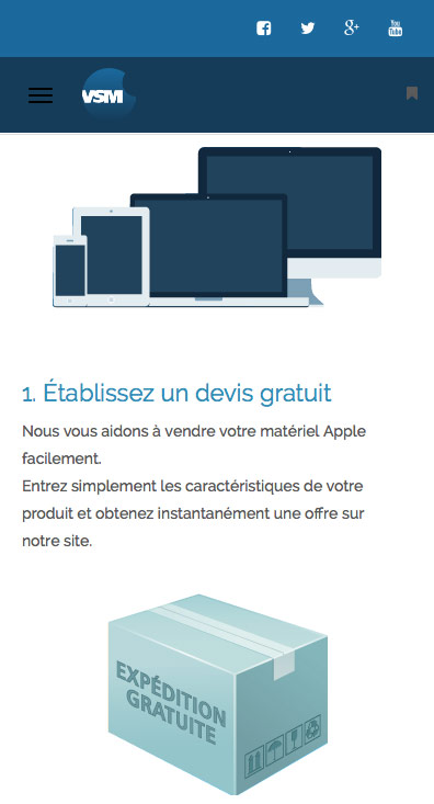 Page d'accueil du site www.vendresonmac.com ; version mobile, en Responsive Web Design